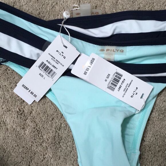 PILYQ Aquamarine banded teeny bikini bottoms. Large - Picture 7 of 8